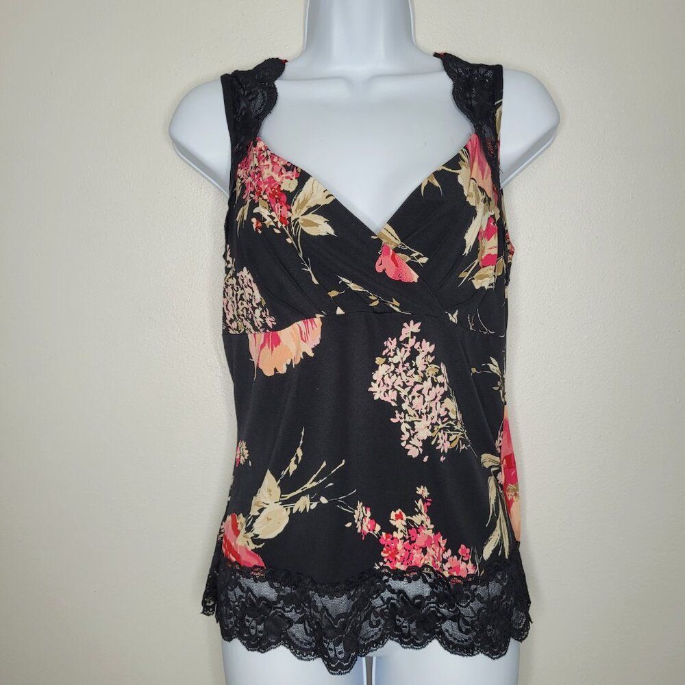 Vintage y2k black pink lace trim party moody floral going out top size large